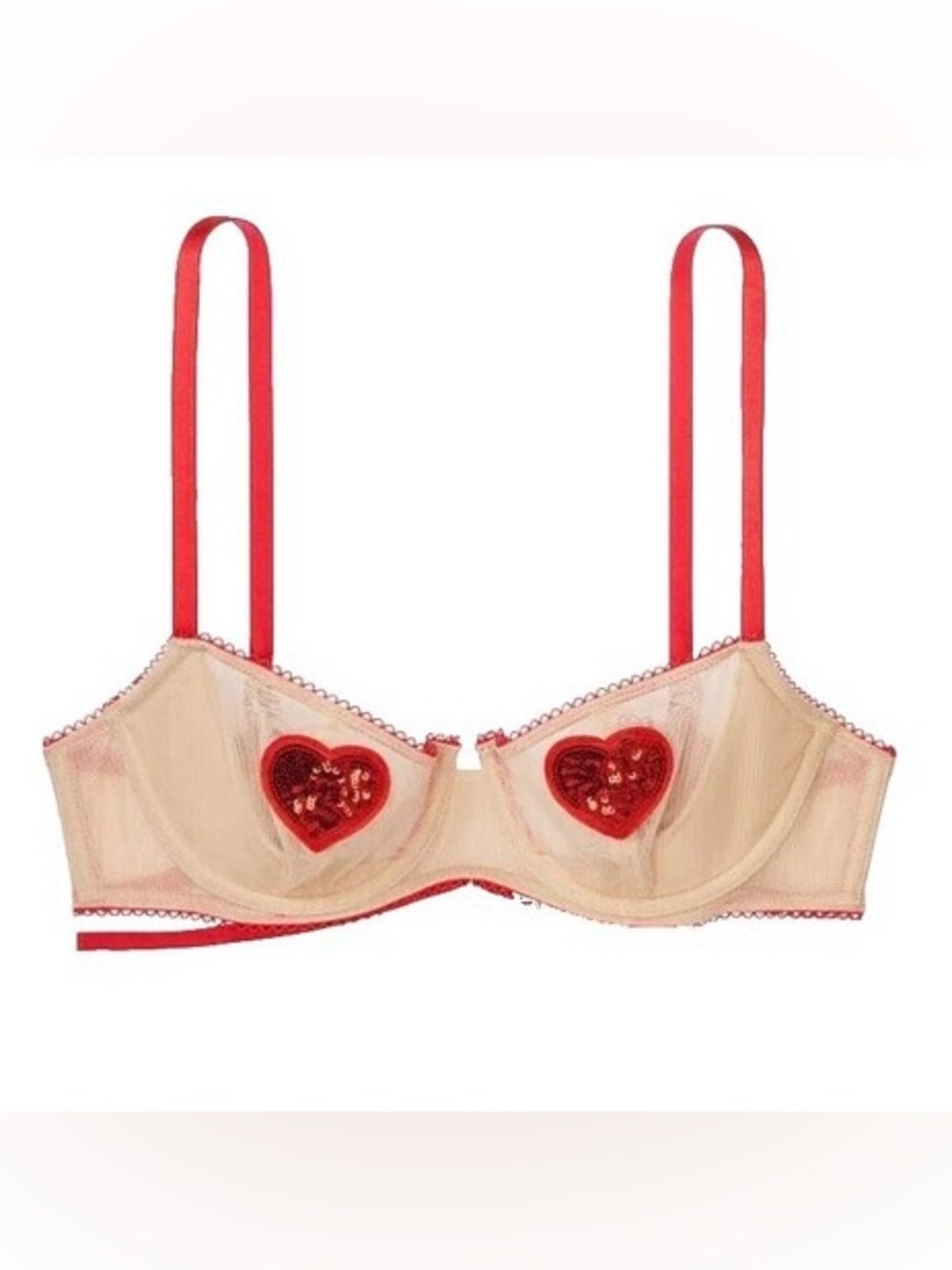Victoria's Secret Cream and Red Heart Sequin Underwire Bra | 34C